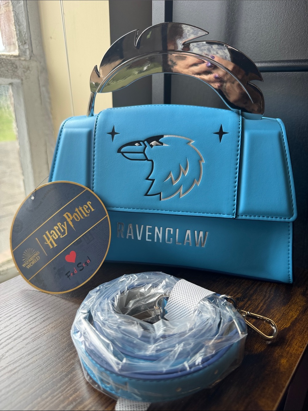 Ravenclaw Blue Mini Top-Handle Bag with Metallic Feather Handle NWT FRED SEGAL